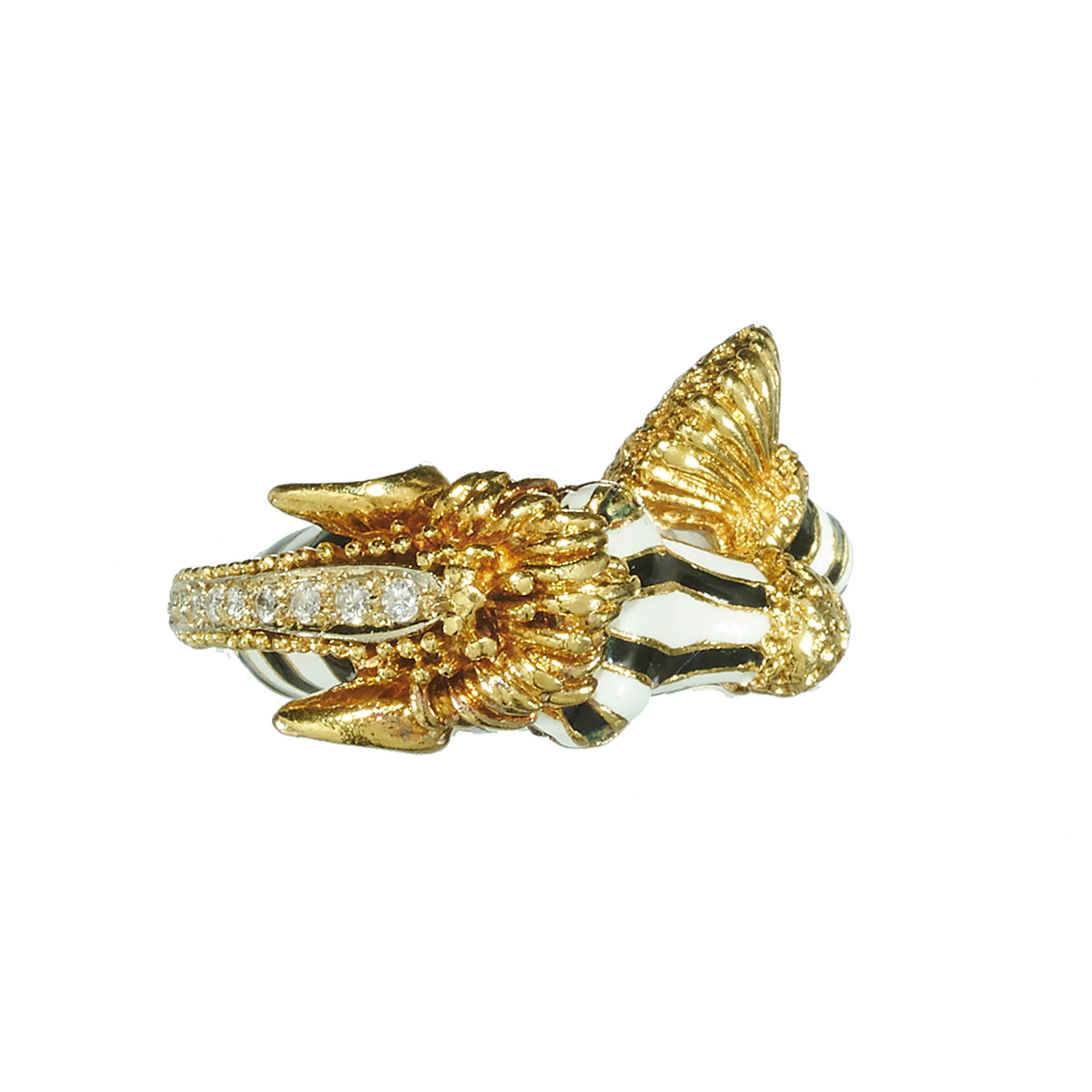 Women's or Men's Vintage Frascarolo Italian Enamel Diamond Ruby and Gold Zebra Ring, Circa 1967
