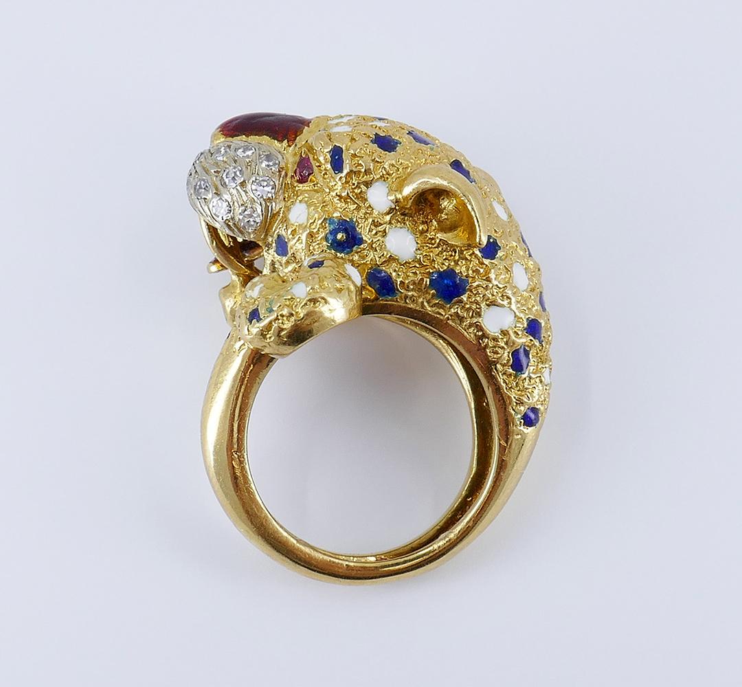 Vintage Frascarolo Ring 18k Gold Diamond Enamel Animalistic Jewelry, Italy 4
