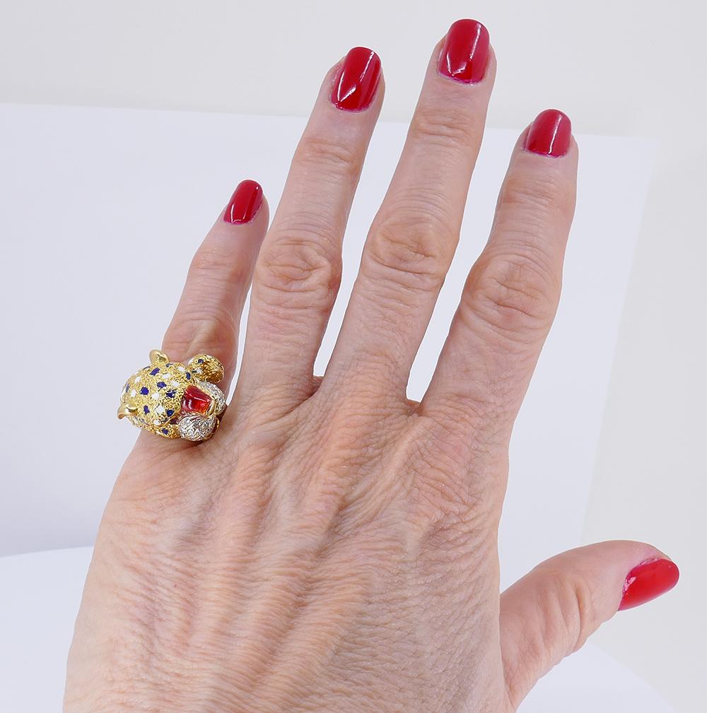 Vintage Frascarolo Ring 18k Gold Diamond Enamel Animalistic Jewelry, Italy 7