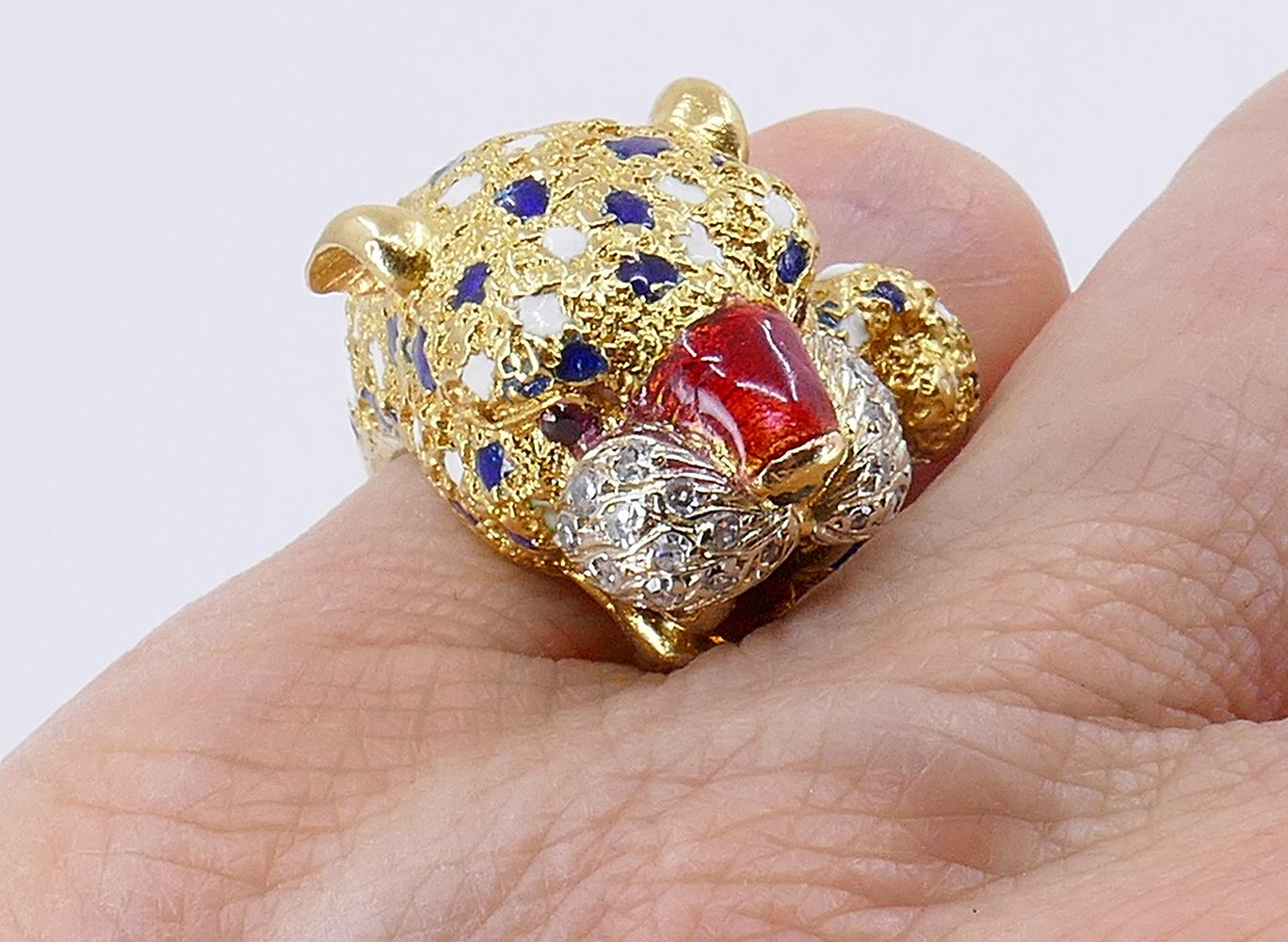 Vintage Frascarolo Ring 18k Gold Diamond Enamel Animalistic Jewelry, Italy 8