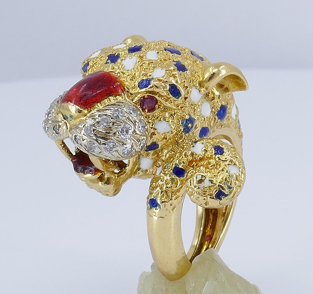 Vintage Frascarolo Ring 18k Gold Diamond Enamel Animalistic Jewelry, Italy 10