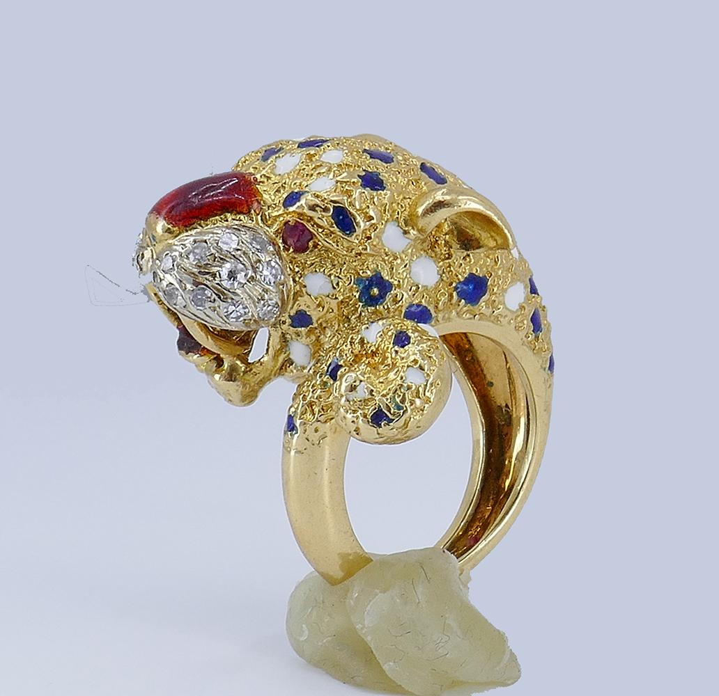 Vintage Frascarolo Ring 18k Gold Diamond Enamel Animalistic Jewelry, Italy 11