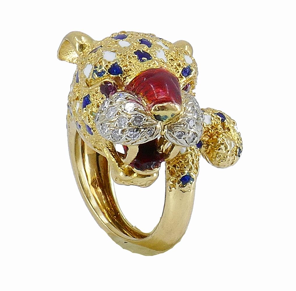 Round Cut Vintage Frascarolo Ring 18k Gold Diamond Enamel Animalistic Jewelry, Italy