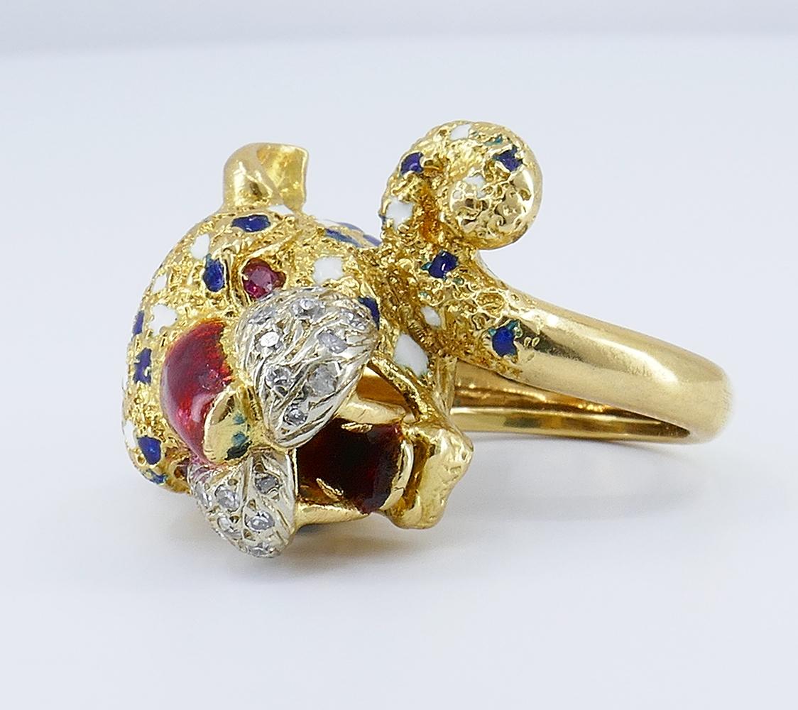 Women's Vintage Frascarolo Ring 18k Gold Diamond Enamel Animalistic Jewelry, Italy