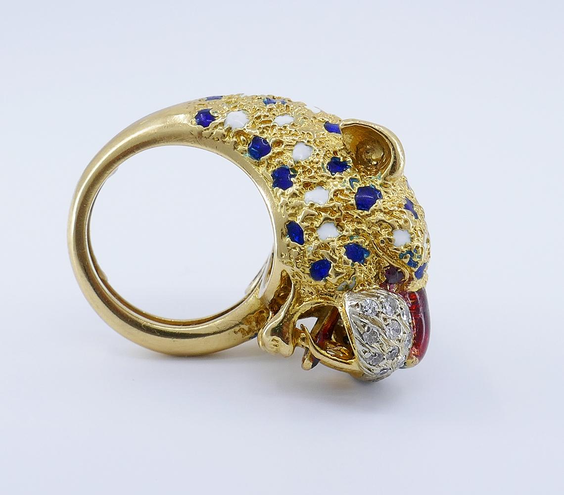Vintage Frascarolo Ring 18k Gold Diamond Enamel Animalistic Jewelry, Italy 3