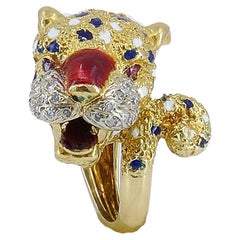 Vintage Frascarolo Ring 18k Gold Diamond Enamel Animalistic Jewelry, Italy