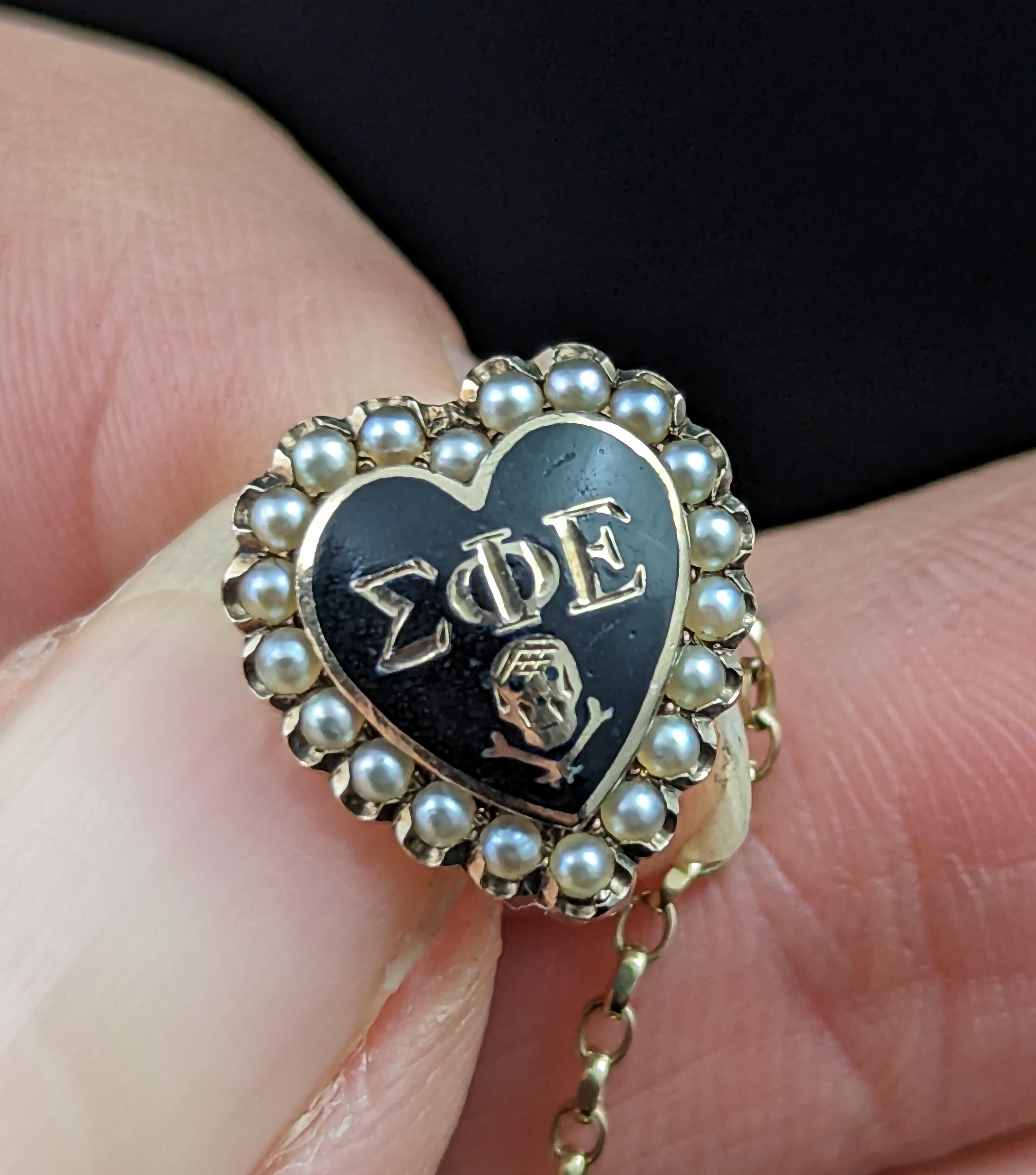 Vintage Fraternity brooch, Heart, Skull and Crossbones, 10k gold and Pearl  4