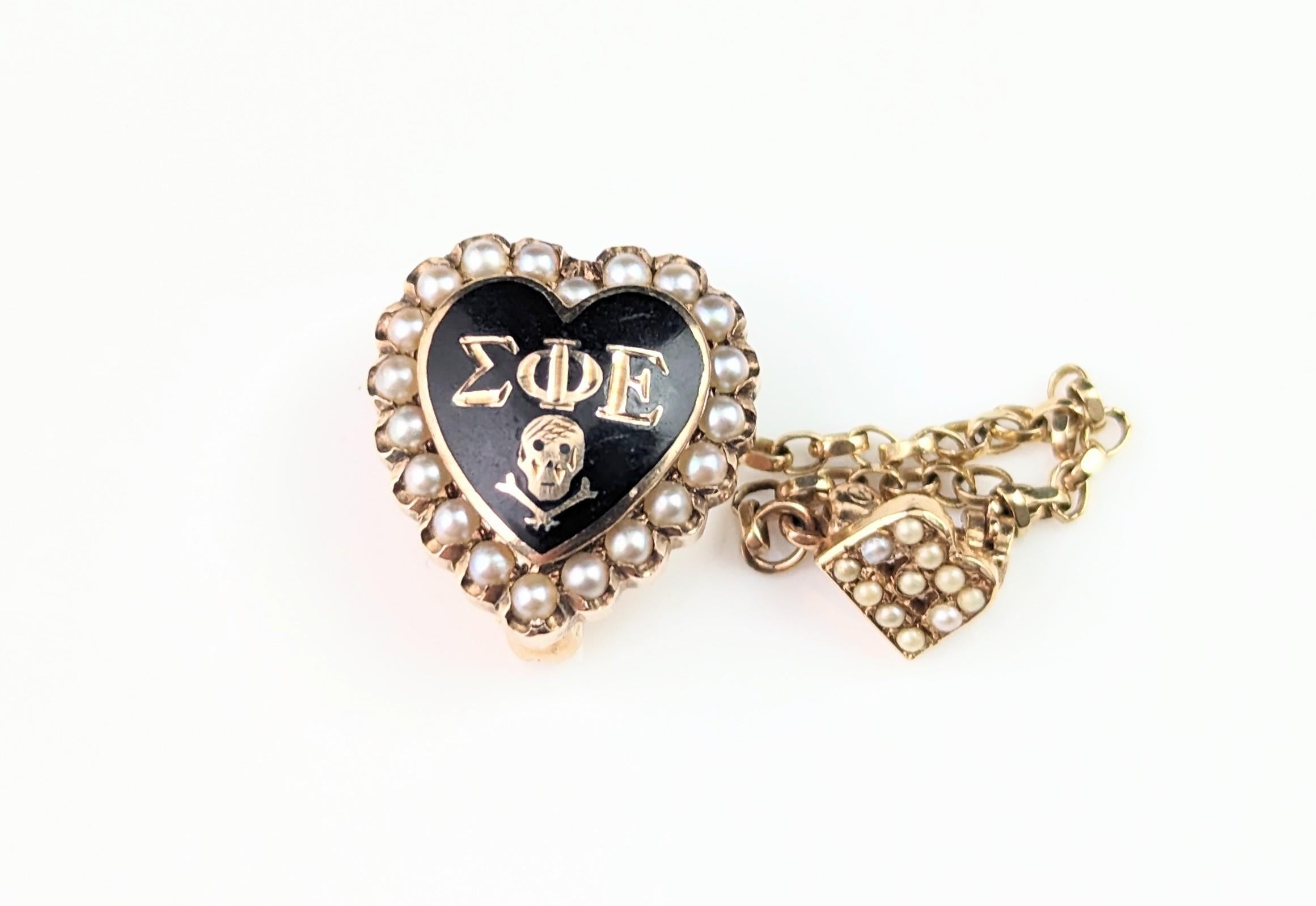 Vintage Fraternity brooch, Heart, Skull and Crossbones, 10k gold and Pearl  5