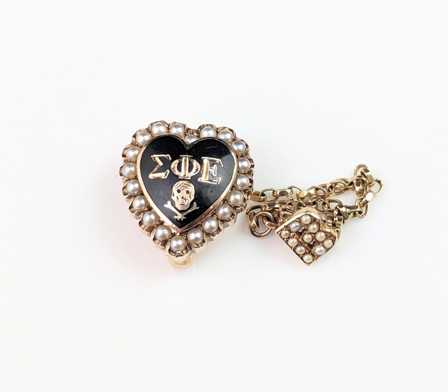 Vintage Fraternity brooch, Heart, Skull and Crossbones, 10k gold and Pearl  6