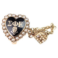Vintage Fraternity brooch, Heart, Skull and Crossbones, 10k gold and Pearl 