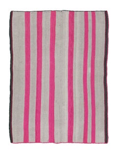 Vintage Frazada Kilim in Fuschia and Mauve Striped Pattern - Rug & Kilim