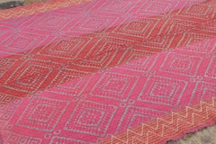 Vintage Frazada Kilim in Pink & Red Geometric Patterns - Rug & Kilim
