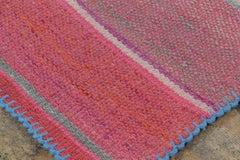 Vintage Frazada Square Kilim in Pink Striped Geometric Pattern- Rug & Kilim