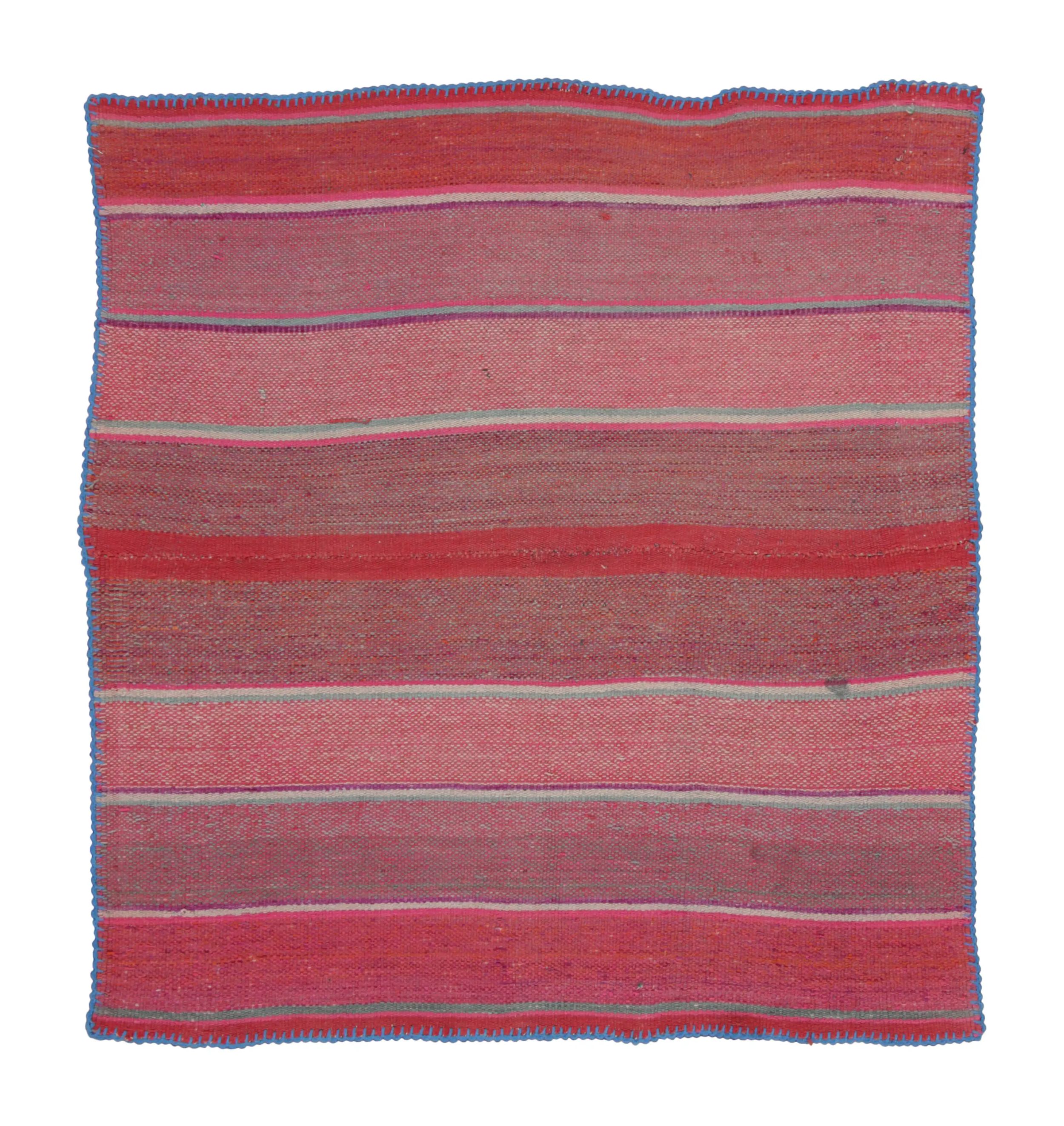 Vintage Frazada Square Kilim in Pink Striped Geometric Pattern- Rug & Kilim