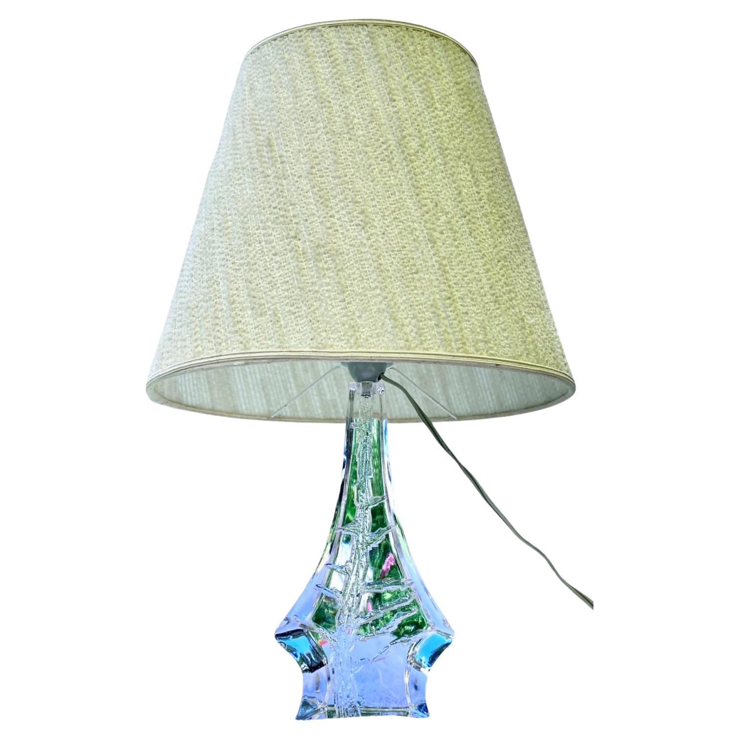 Authentic and rare mid century modern crystal lamp by Daum France with its original wool lampshade, the 