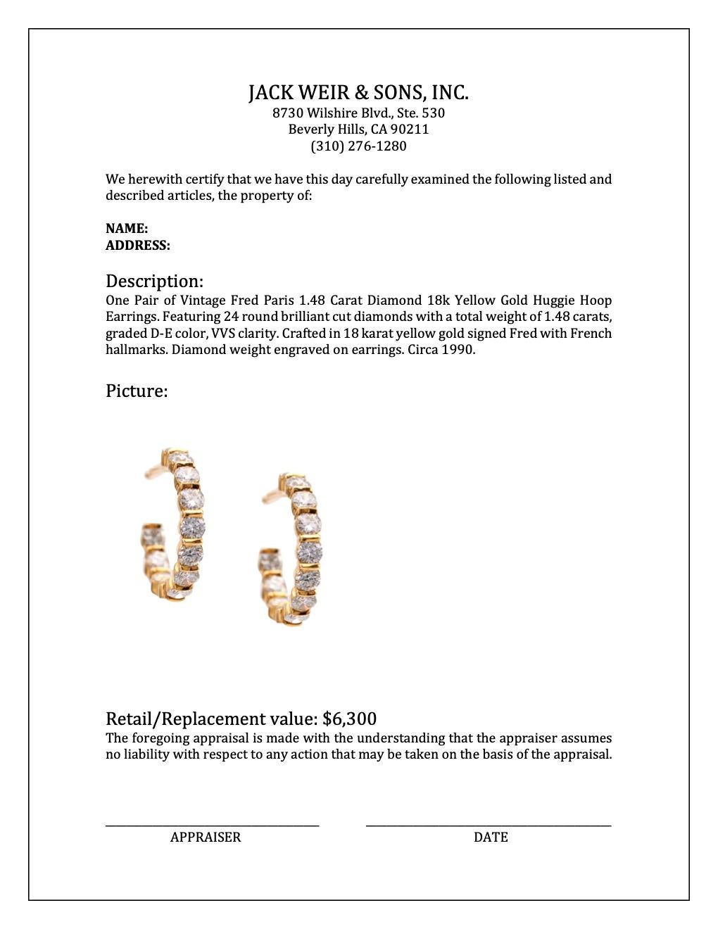 Vintage Fred Paris 1.48 Carat Diamond 18k Yellow Gold Huggie Hoop Earrings For Sale 1