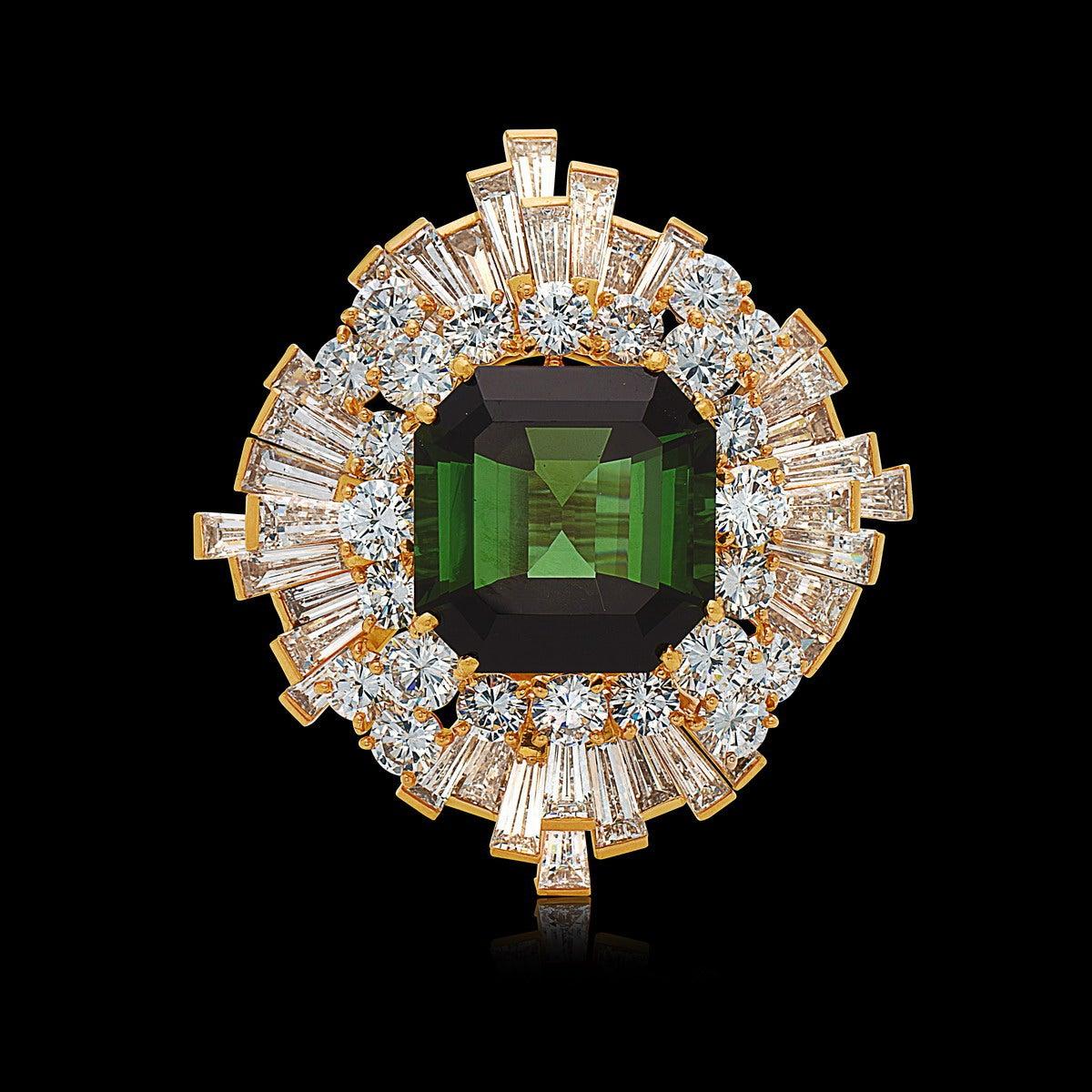 Contemporary Vintage Fred Paris 21.71 Carat Green Tourmaline Diamond Cocktail Ring For Sale