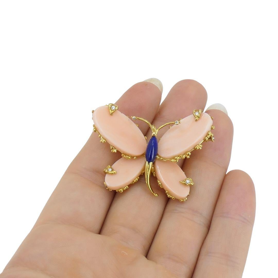 Vintage Fred Paris Butterfly Brooch Pin 18k Gold Coral Diamond For Sale 6