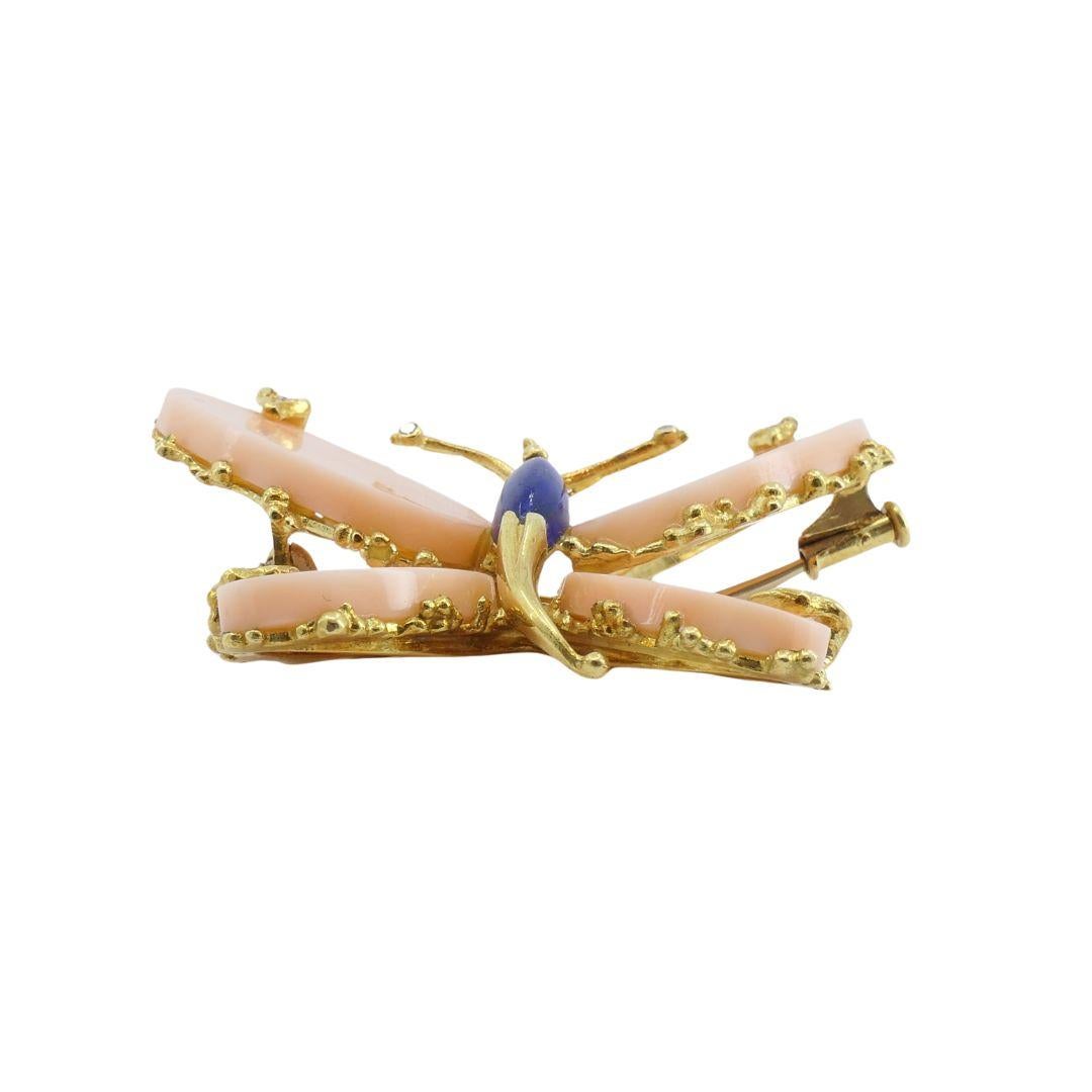 Single Cut Vintage Fred Paris Butterfly Brooch Pin 18k Gold Coral Diamond For Sale
