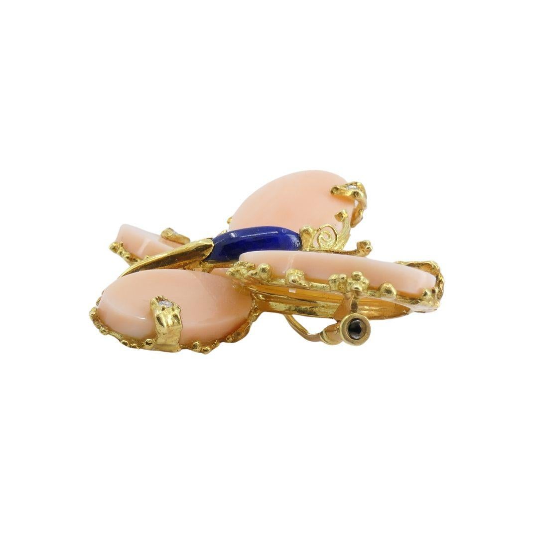Vintage Fred Paris Butterfly Brooch Pin 18k Gold Coral Diamond For Sale 1