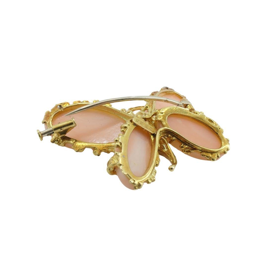 Vintage Fred Paris Butterfly Brooch Pin 18k Gold Coral Diamond For Sale 2