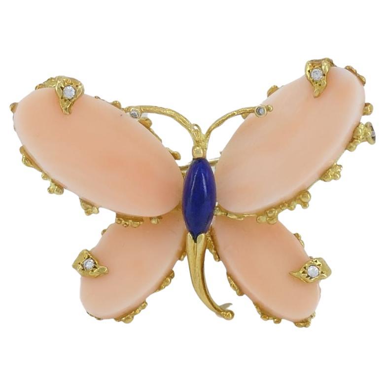 Vintage Fred Paris Butterfly Brooch Pin 18k Gold Coral Diamond