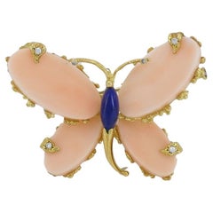 Vintage Fred Paris Butterfly Brooch Pin 18k Gold Coral Diamond