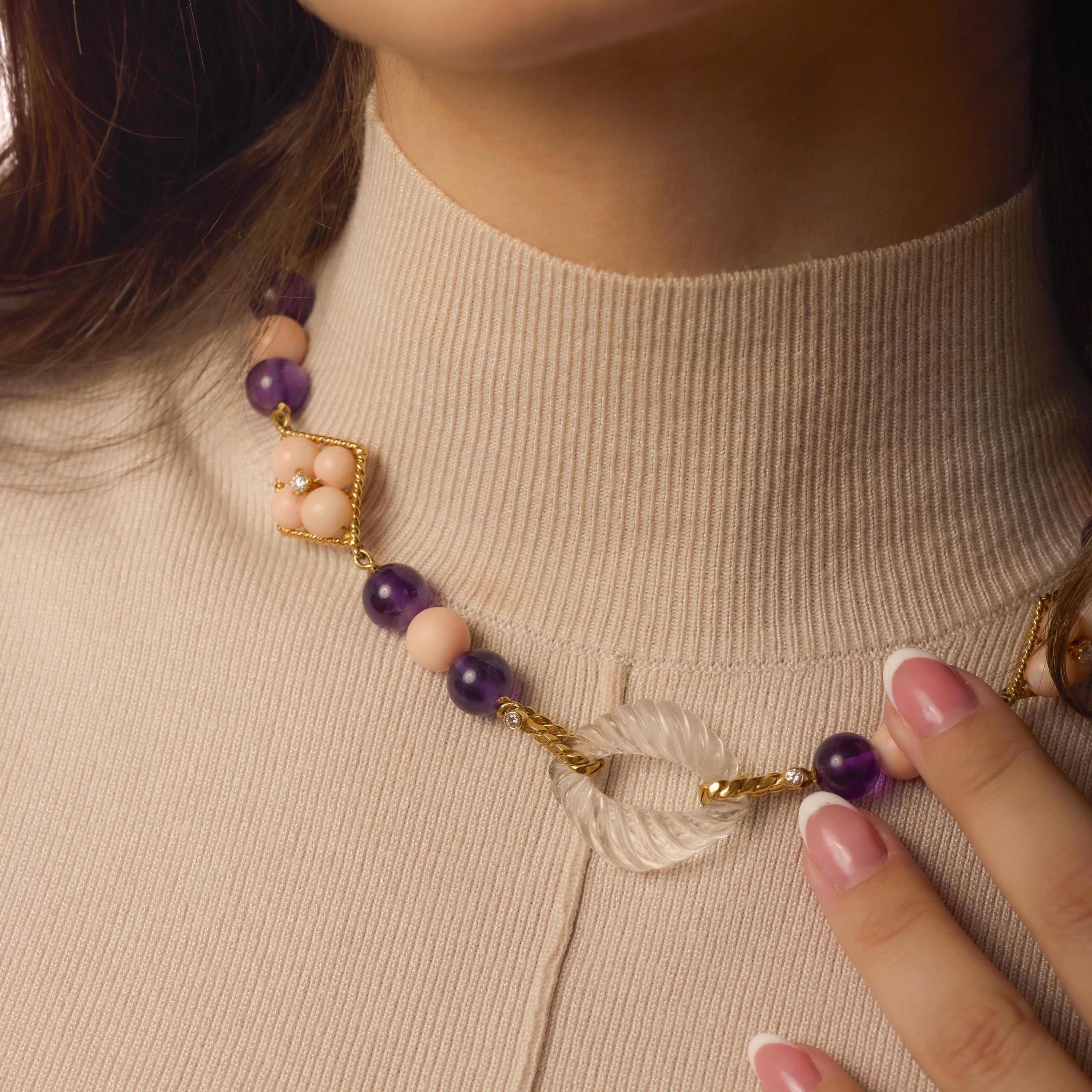 Taglio brillante Collana Fred Paris d'epoca in corallo, ametista, cristallo di rocca e diamanti in oro 18 carati in vendita