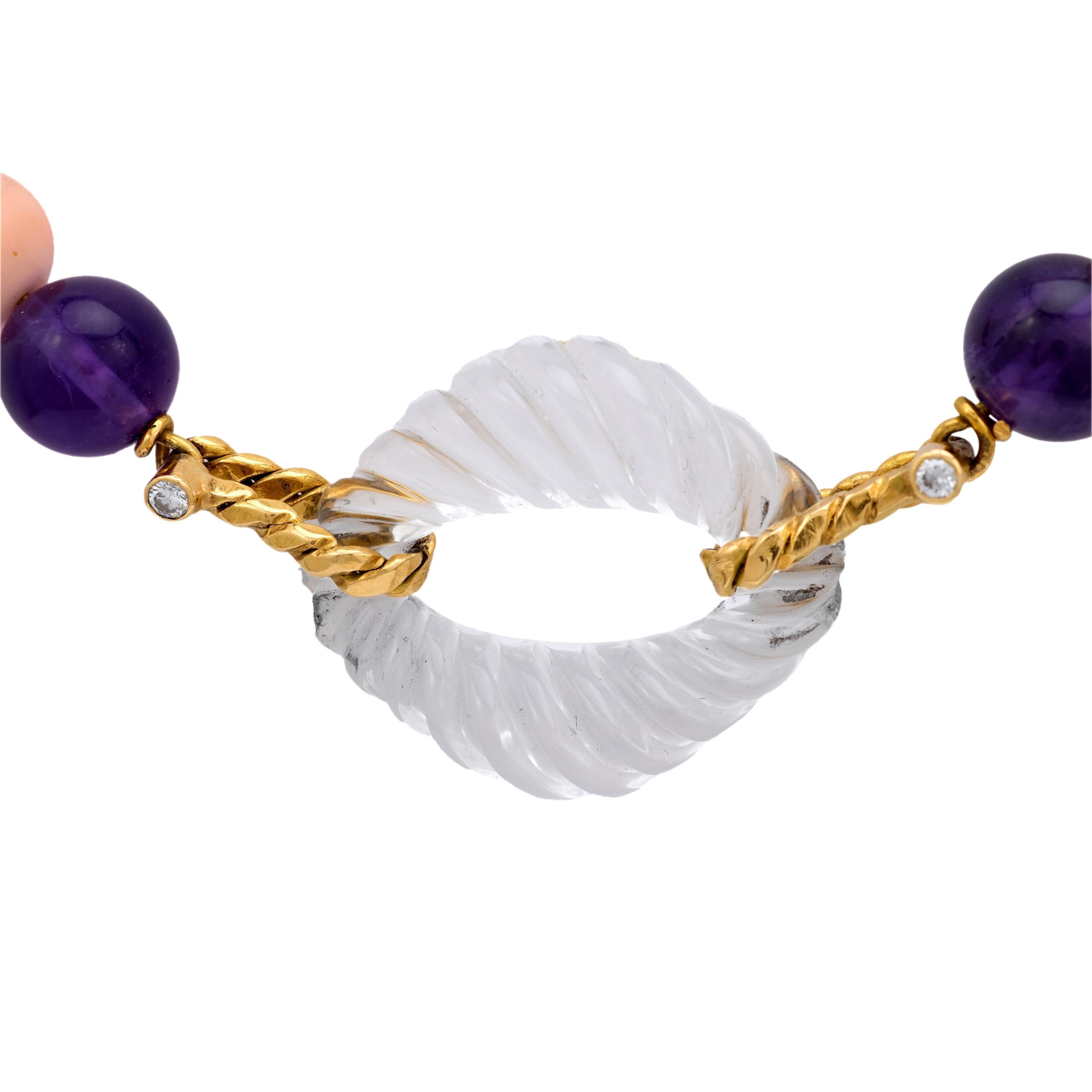 Collana Fred Paris d'epoca in corallo, ametista, cristallo di rocca e diamanti in oro 18 carati In condizioni buone in vendita a Beverly Hills, CA