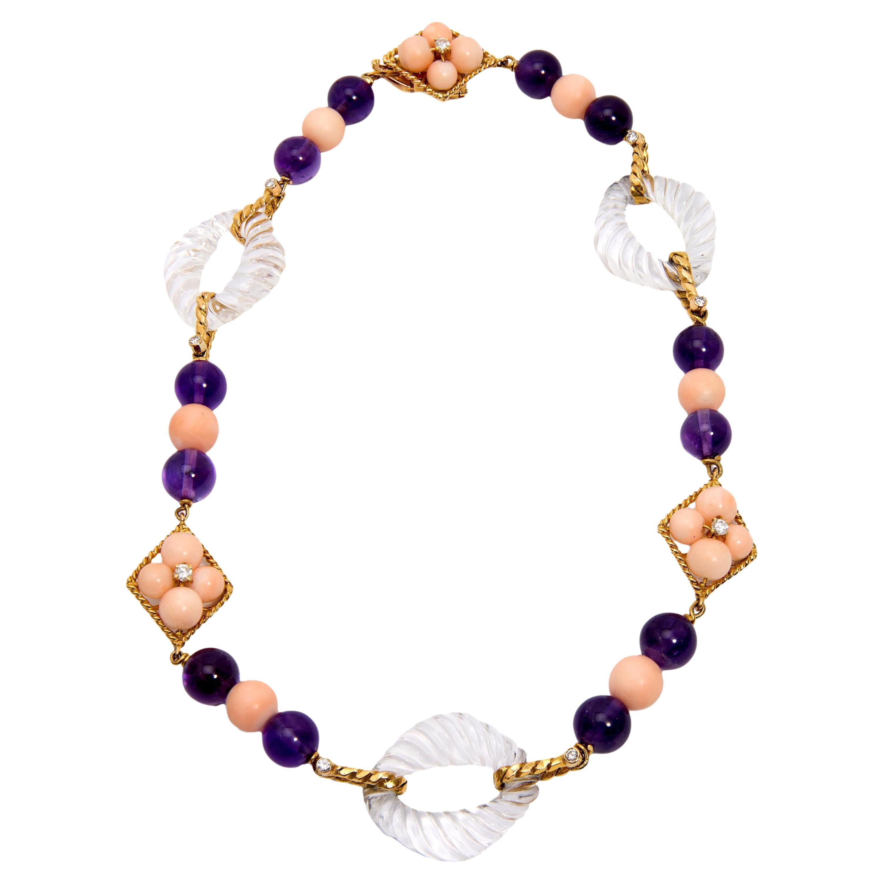 Collana Fred Paris d'epoca in corallo, ametista, cristallo di rocca e diamanti in oro 18 carati in vendita