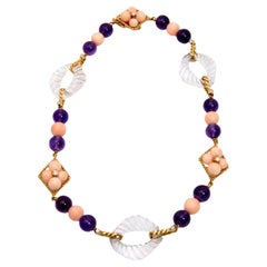 Collana Fred Paris d'epoca in corallo, ametista, cristallo di rocca e diamanti in oro 18 carati