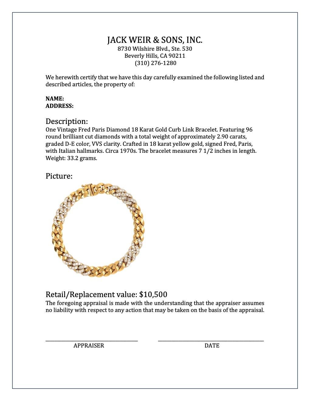 Round Cut Vintage Fred Paris Diamond 18 Karat Gold Curb Link Bracelet