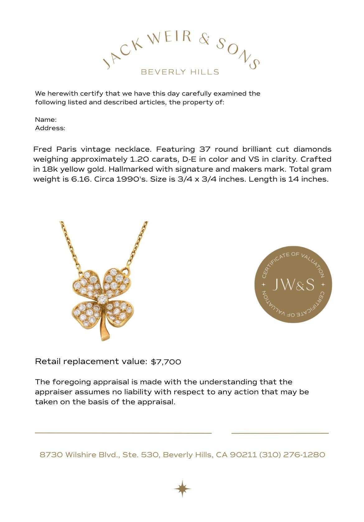 Collana a trifoglio d'epoca Fred Paris in oro giallo 18 carati e diamanti In condizioni buone in vendita a Beverly Hills, CA