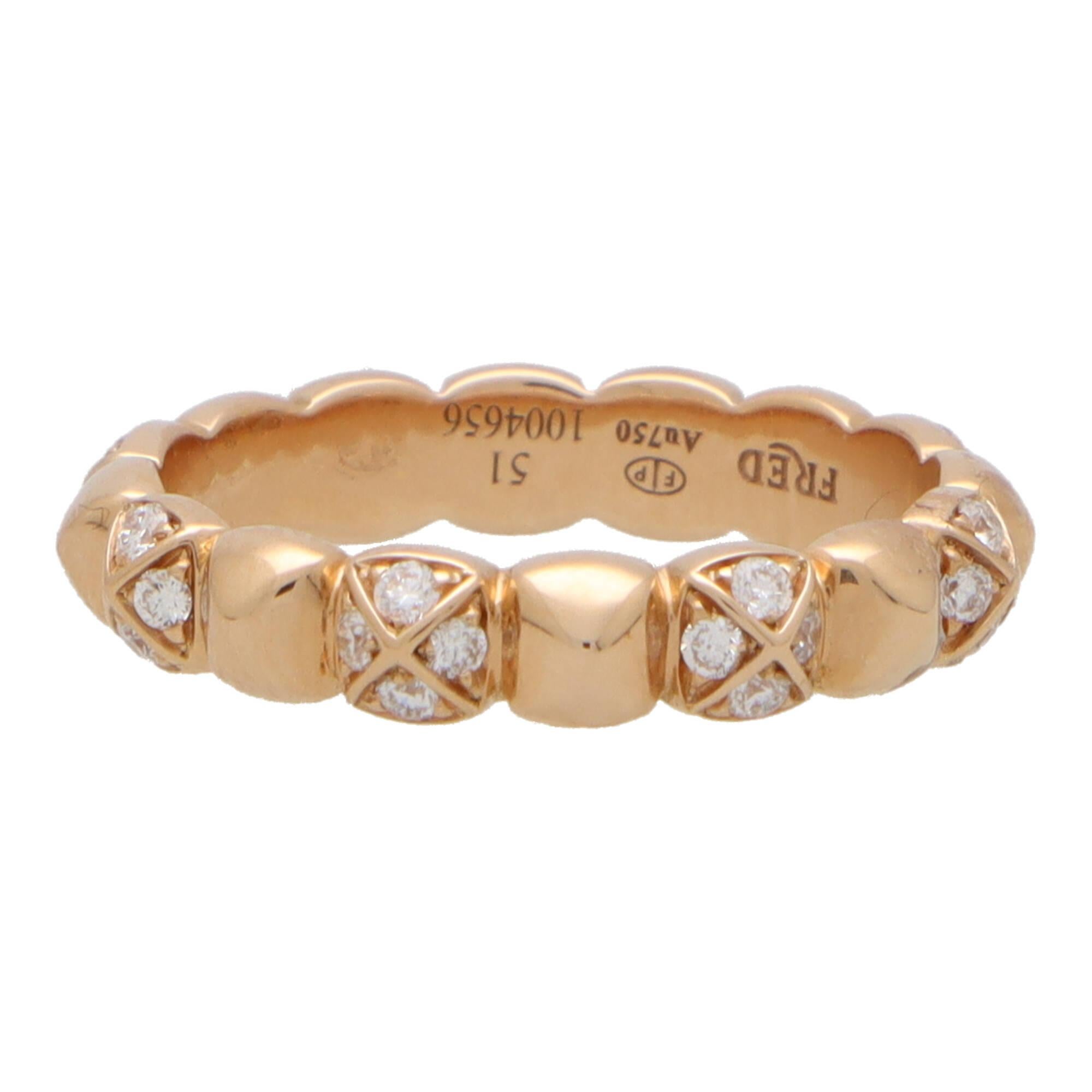  An interesting vintage Fred Paris diamond band ring set in 18k rose gold. 

The unique ring design is composed of bubble like motifs. The motifs alternate between being polish rose gold, and being pave set with four diamonds. The sparkle of the