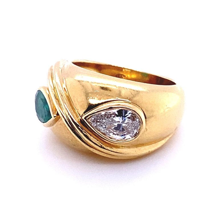 Retro Vintage Fred Paris Diamond Emerald 18 Karat Yellow Gold Bypass Engagement Ring For Sale
