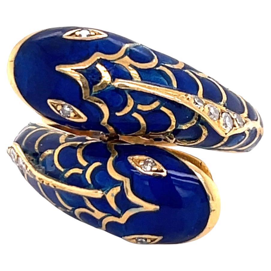 Vintage Fred Paris Diamond Enamel 18 Karat Gold Fish Ring