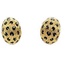 Vintage Fred Paris French 18 Karat Gold Black Enamel Leopard Clip on Earrings