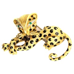 Vintage Fred Paris French Emerald Diamond 18 Karat Black Enamel Leopard Brooch