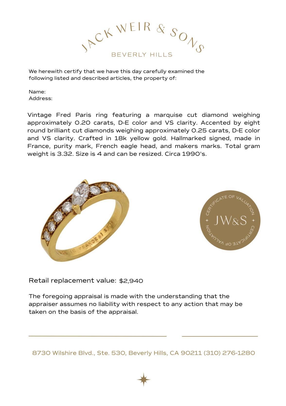 Vintage Fred Paris marquise and round diamond 18k yellow gold band For Sale 1