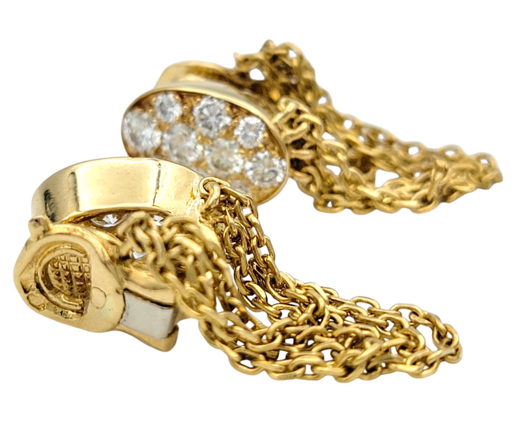Contemporary Vintage Fred Paris Pave Diamond Tassel Clip On Earrings in 18 Karat Yellow Gold For Sale