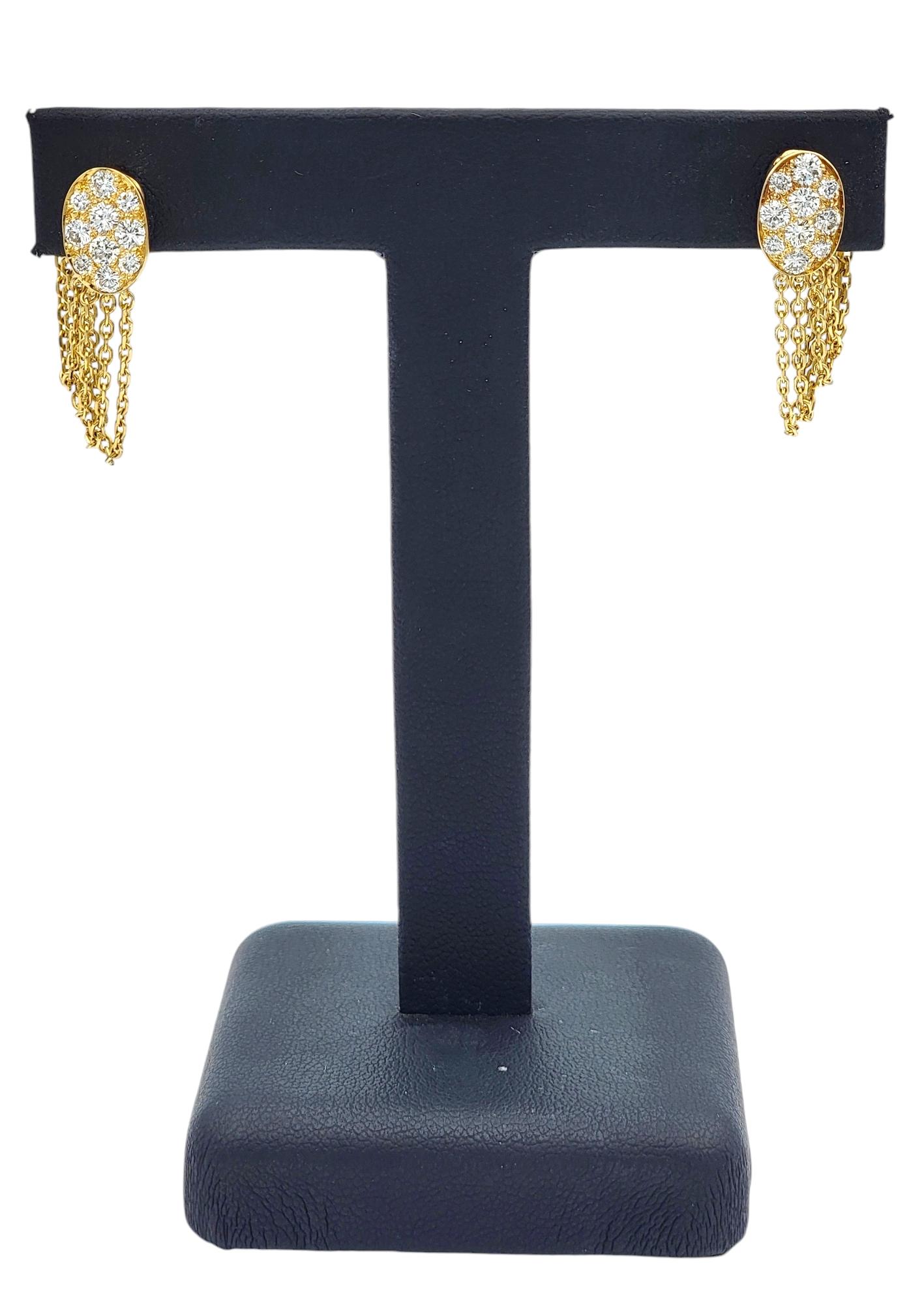 Vintage Fred Paris Pave Diamond Tassel Clip On Earrings in 18 Karat Yellow Gold For Sale 1