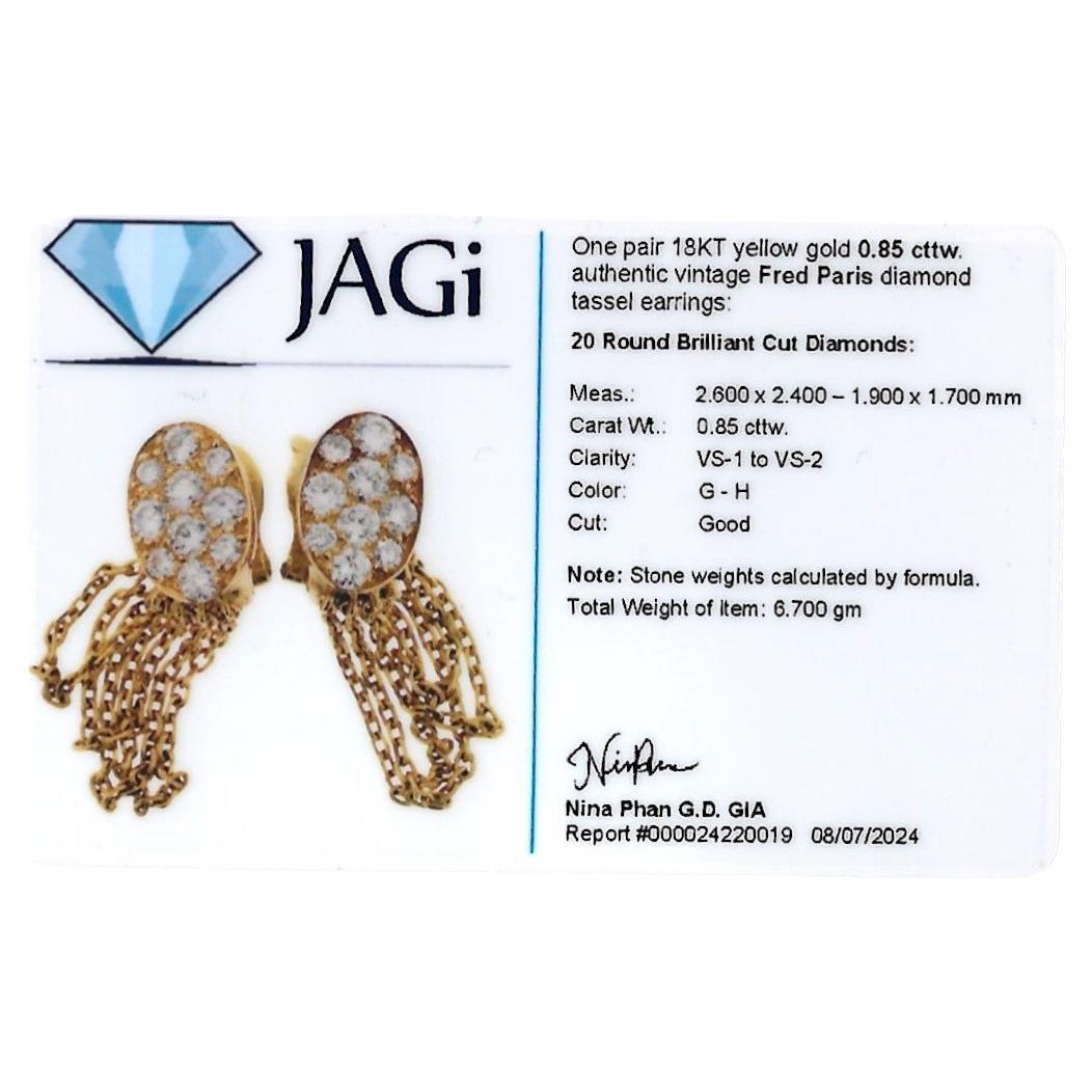 Vintage Fred Paris Pave Diamond Tassel Clip On Earrings in 18 Karat Yellow Gold For Sale 3