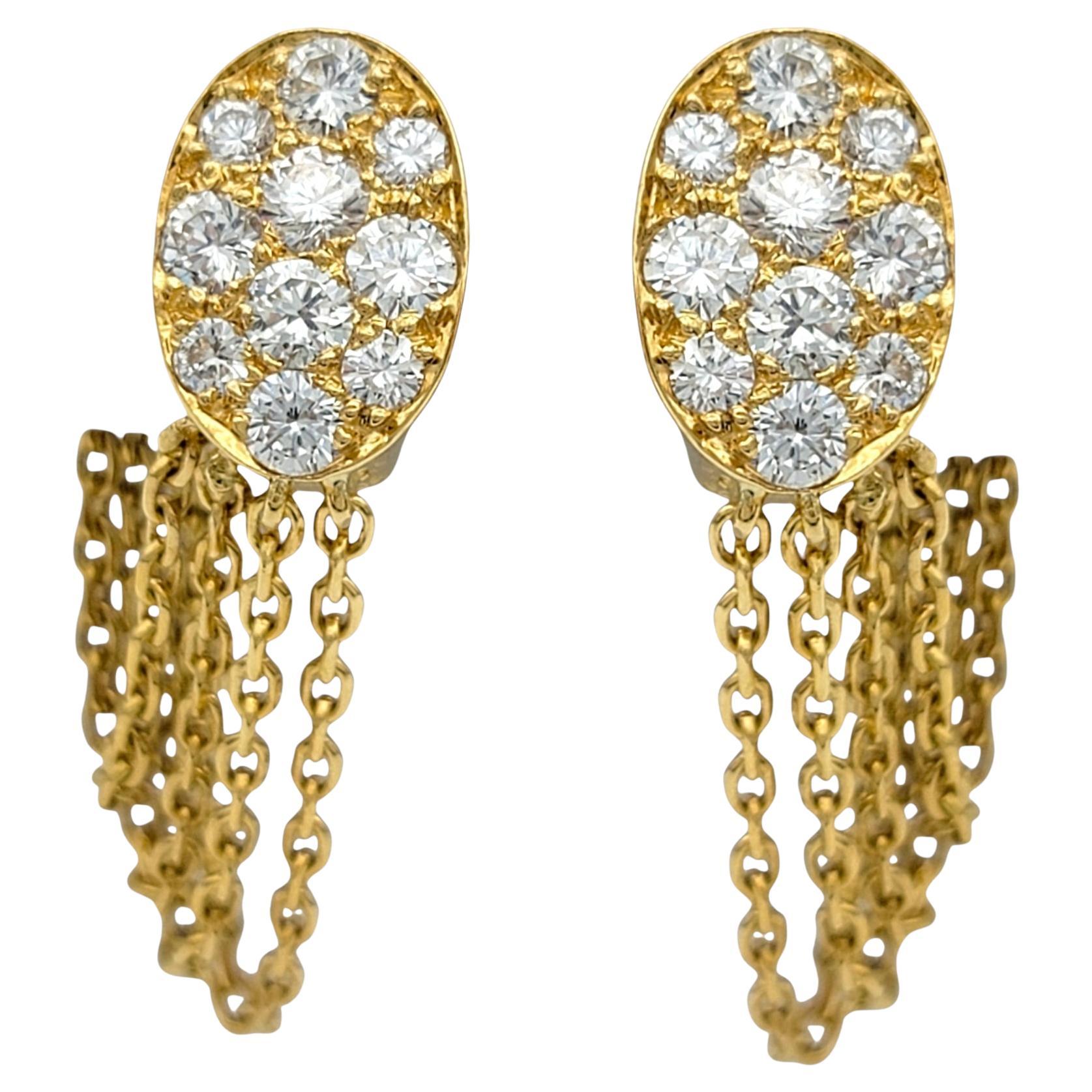 Vintage Fred Paris Pave Diamond Tassel Clip On Earrings in 18 Karat Yellow Gold