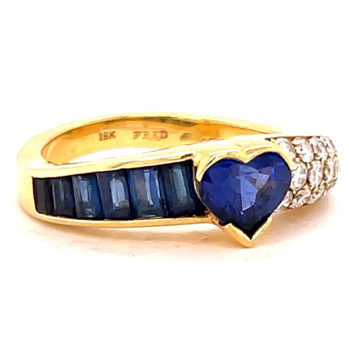 Heart Cut Vintage Fred Paris Sapphire Diamond 18 Karat Gold Ring