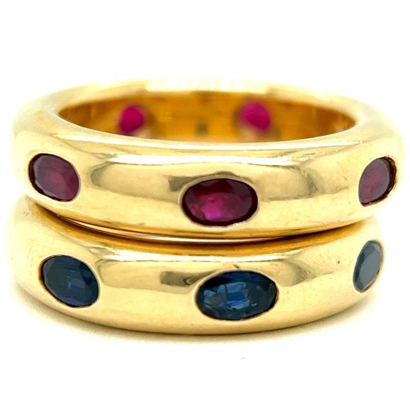 Women's or Men's Vintage Fred Paris Sapphire Ruby 18 Karat Yellow Gold Band Ring Set