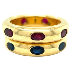 Vintage Fred Paris Sapphire Ruby 18 Karat Yellow Gold Band Ring Set