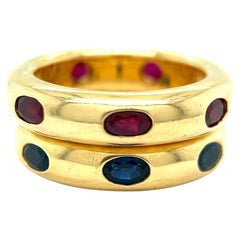 Fred Paris, zaffiro d'epoca, rubino, oro giallo 18 carati, anello a fascia