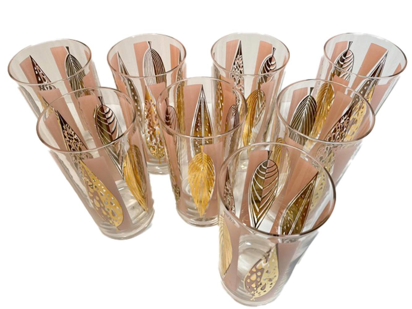 Mid-Century Modern Vintage Fred Press 16 Piece Cocktail Set in Pink with Gold Stylized Leaves
