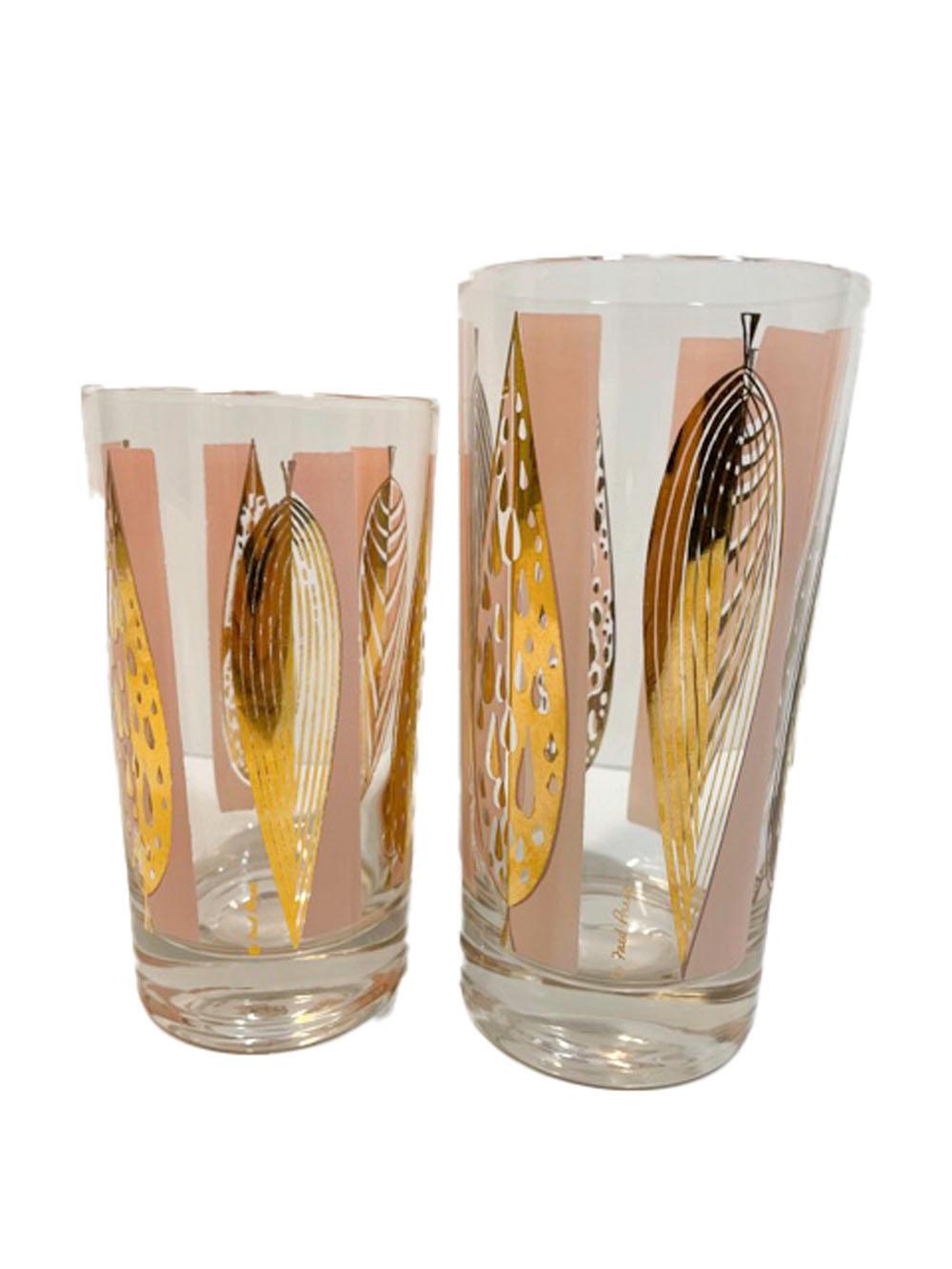 American Vintage Fred Press 16 Piece Cocktail Set in Pink with Gold Stylized Leaves