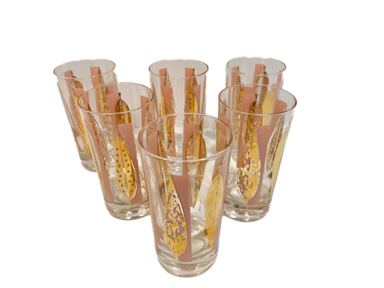 Vintage Fred Press 16 Piece Cocktail Set in Pink with Gold Stylized Leaves In Good Condition In Nantucket, MA